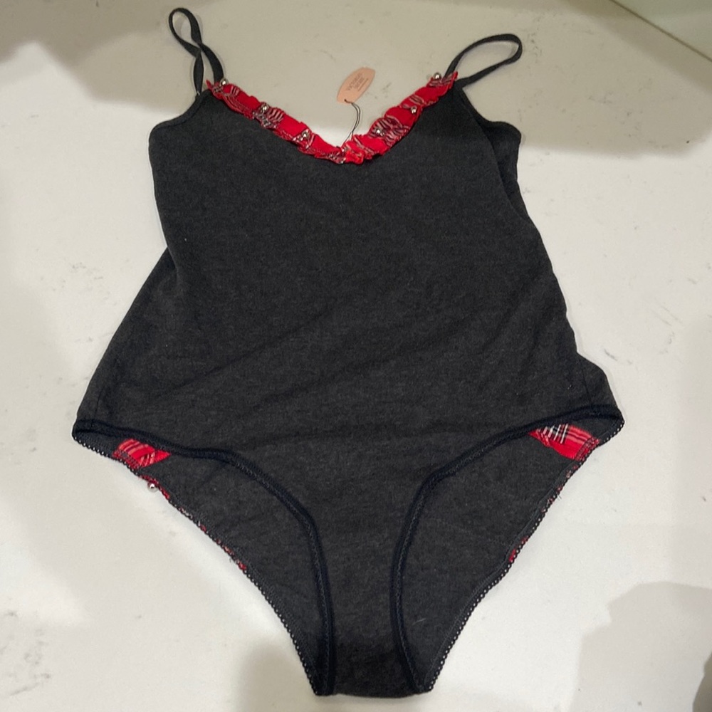 Victoria's Secret medium bodysuit onesie w/ butt flap NWT plaid & silver bells